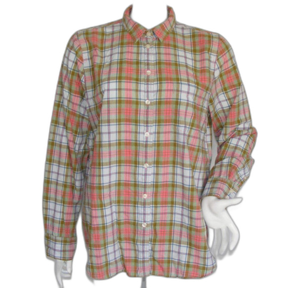 J. Crew Tops - J.CREW Top/Blouse, M, Boy Fit, Plaid, Pink/Green, Long sleeve, 2 button cuff